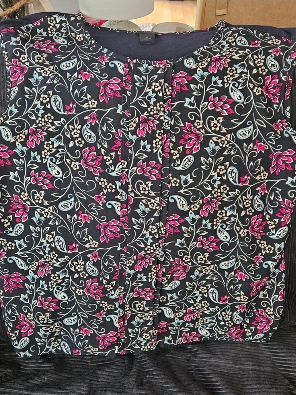 Ann Taylor Black Blouse with Pink & Light Blue Floral Print